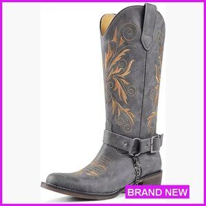 Embroidered Cowboy Boots Mid Calf Removable Belt Low Heel Western Style